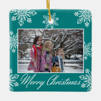 Merry Christmas 2 Photo Teal And White Snowflakes Ceramic Ornament