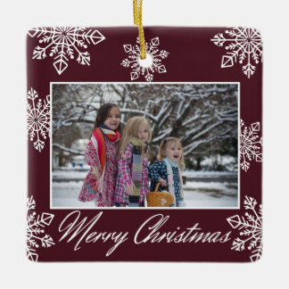 Merry Christmas 2 Photo White Snowflakes Burgundy Ceramic Ornament