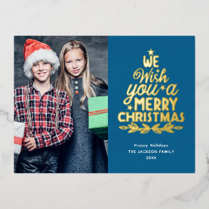 Merry Christmas 2 photos gold Foil Holiday Postcard