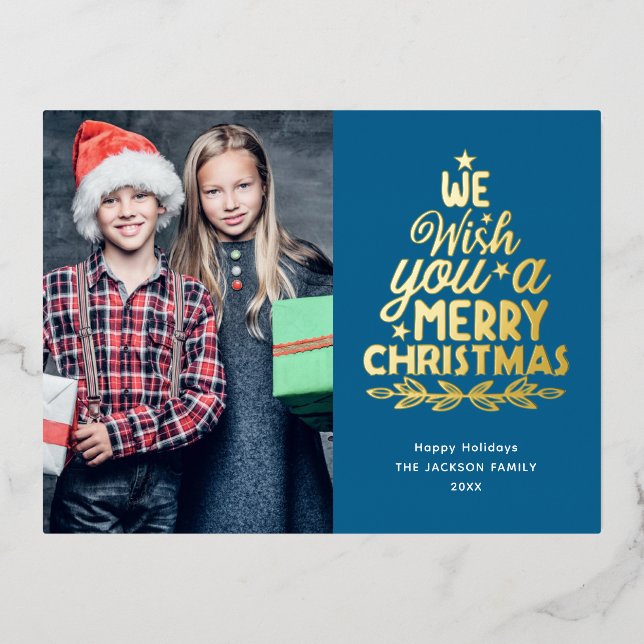 Merry Christmas 2 photos gold Foil Holiday Postcard (Front)