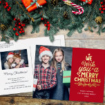 Merry Christmas 2 photos gold Foil Holiday Postcard<br><div class="desc">Modern holiday greeting postcard, customizable with one of your favorite family Christmas portraits on the front, beside a lovely gold foil lettering caption that reads "we wish you a merry Christmas" over a plain bright red background. On the reverse of the postcard, you can add your return address, a second...</div>