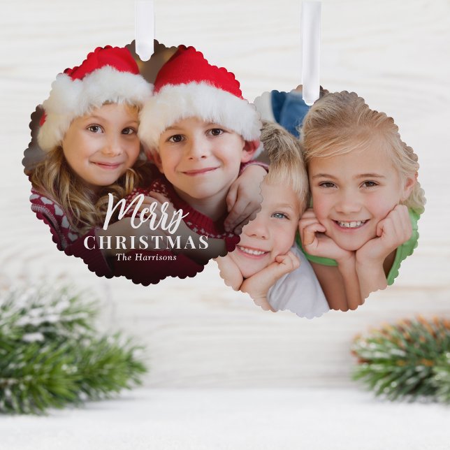 Merry Christmas 2 Photos Holiday Tree Decoration Card (Share the love and warmth of the holiday season with a photo paper ornament card)