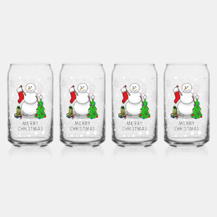 Merry Christmas 2 Tree Stocking Snowman Can Glass