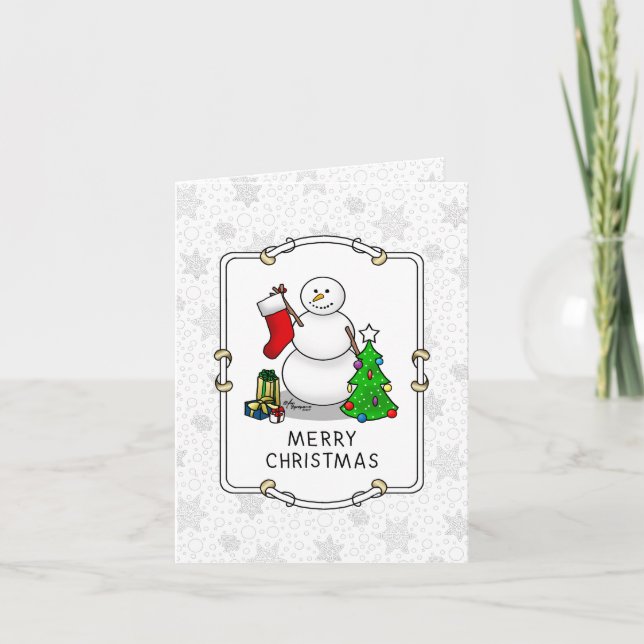 Merry Christmas 2 Tree Stocking Snowman Card (Front)