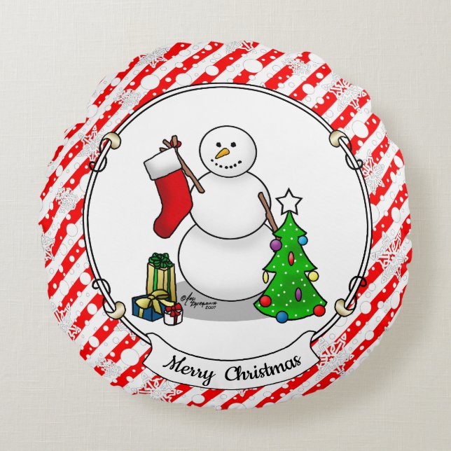 Merry Christmas 2 Tree Stocking Snowman Round Cushion (Front)