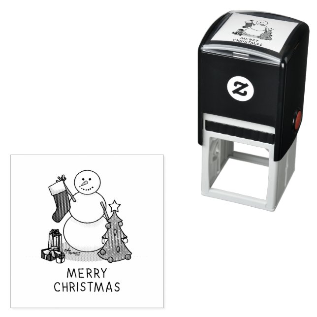 Merry Christmas 2 Tree Stocking Snowman Self-inking Stamp (In Situ)
