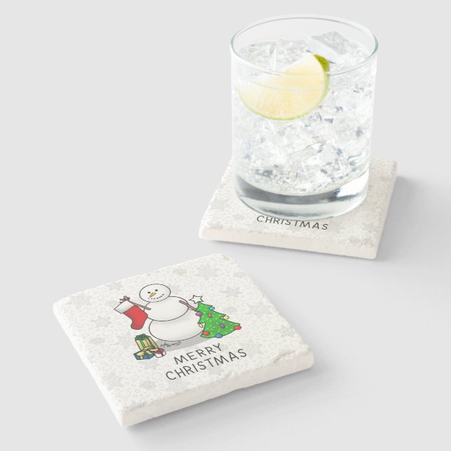 Merry Christmas 2 Tree Stocking Snowman Stone Coaster (Side)