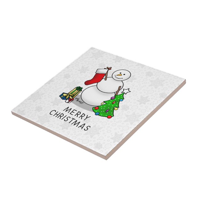 Merry Christmas 2 Tree Stocking Snowman Tile (Side)