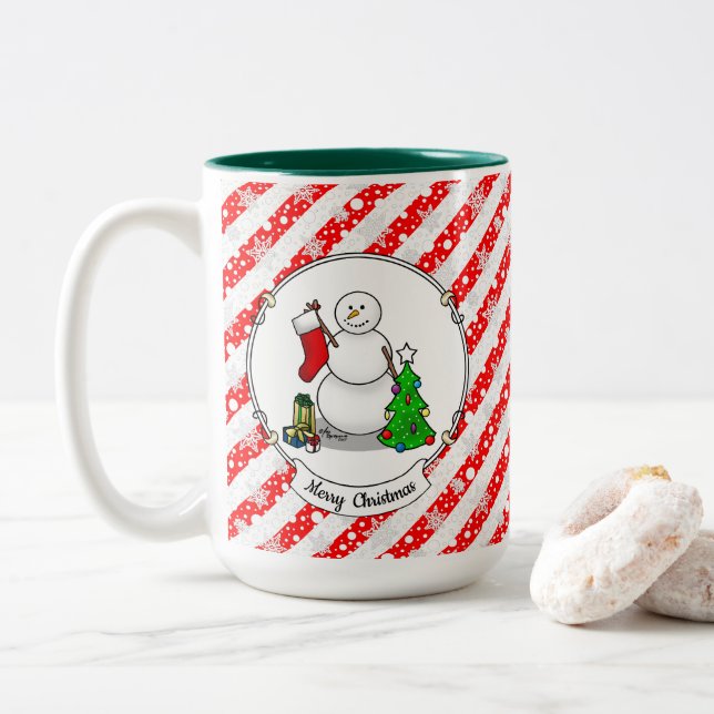 Merry Christmas 2 Tree Stocking Snowman Two-Tone Coffee Mug (With Donut)