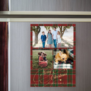 Merry Christmas 3 family photo plaid magnetic card