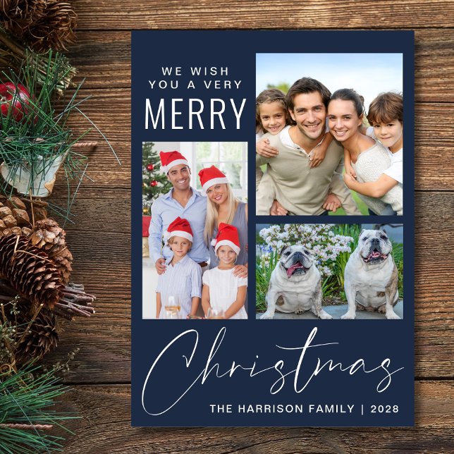 Merry Christmas 3 Photo Blue Holiday Card (This holiday season, let your family's smiles and heartwarming memories shine on our 3 photo card)