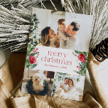 Merry Christmas 3 Photo Botanical Greenery Holiday Card<br><div class="desc">This collection features watercolor red florals,  berries & winter greenery with modern & elegant typography,  with a winter botanical pattern back.</div>