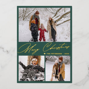 Merry Christmas 3 photo collage elegant green gold