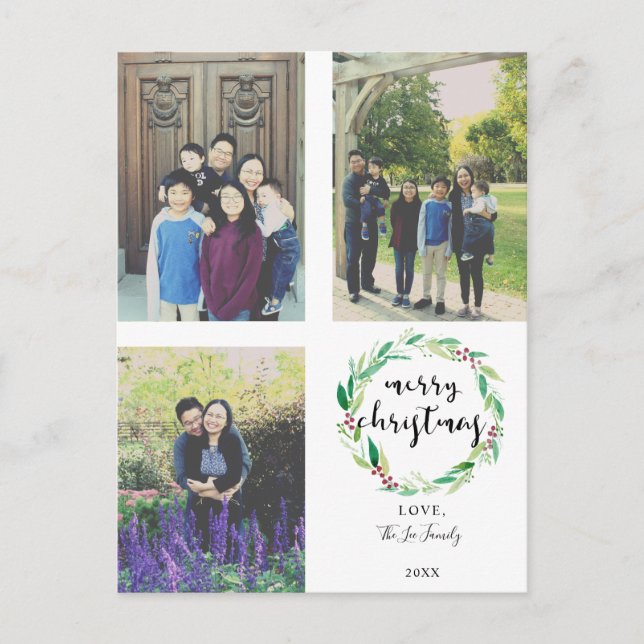 Merry Christmas 3 Photo Collage Family Lettering Holiday Postcard (Front)