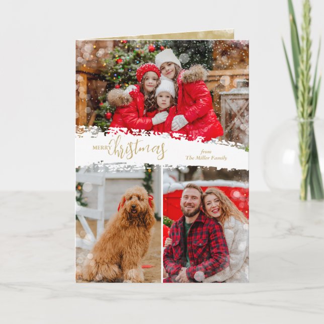 Merry Christmas 3 Photo Collage Folded Holiday Card (Front)