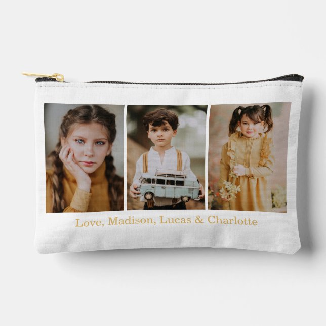 Merry Christmas 3 Photo Collage Gold Accessory Pouch (Front)