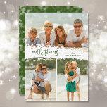 Merry Christmas 3 Photo Collage Holiday Card<br><div class="desc">Merry Christmas and your family name in chic lettering is on a splash of snow in the middle of your favorite three photos. A blurred lights accent borders the front and the back where your personal family greeting is featured. *CHANGE the color on the back with our Editing Tool. Select...</div>
