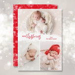 Merry Christmas 3 Photo Collage Holiday Card<br><div class="desc">Multi-photo Christmas holiday cards feature Merry Christmas in chic lettering on a splash of white in the middle. Just upload three photos and add your family greeting and names on the back. *CHANGE the color on the back with our Editing Tool. Select High Definition for best photo quality.</div>