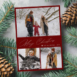 Merry Christmas 3 photo collage modern red Holiday Card<br><div class="desc">Simple minimalist red and white 3 family photos chic Merry Christmas calligraphy script holiday card template with text message.              Easy to personalise with your pictures and text on both sides.</div>