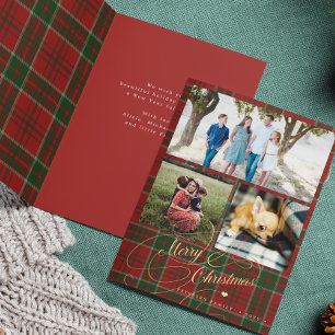 Merry Christmas 3 photo collage plaid folded Holiday Card