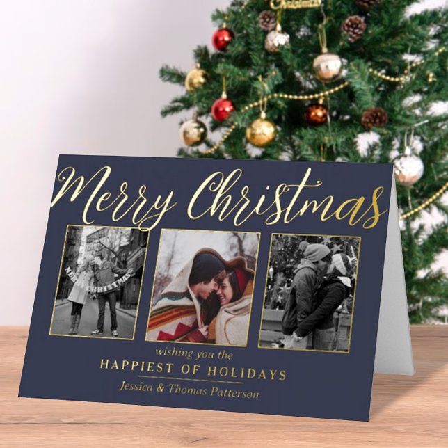 Merry Christmas 3 Photo Collage Real Foil Holiday Card (Creator Uploaded)