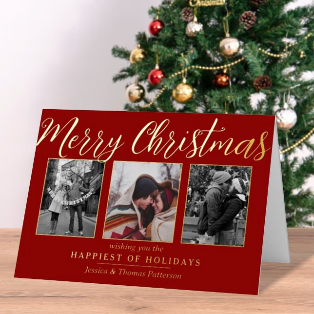 Merry Christmas 3 Photo Collage Real Foil Holiday Card (Creator Uploaded)