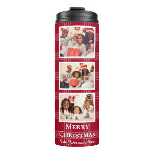 merry christmas 3 photo collage red buffalo plaid thermal tumbler