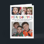Merry Christmas 3  photo Holiday Card Personalised<br><div class="desc">Hand illustrated Merry Christmas in fun colours helps bring joy to this card. Include 3 great photos on the front and add 3 more on the inside and back. Complete with photo captions. Please email for additional colour ways. Pinkhippoprints@gmail.com Thanks!</div>
