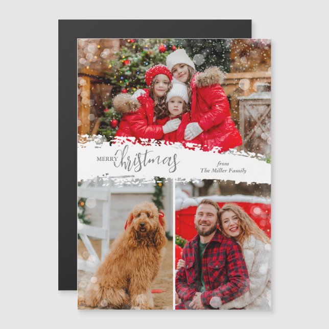 Merry Christmas 3 Photo Magnetic Holiday Card (Front/Back)