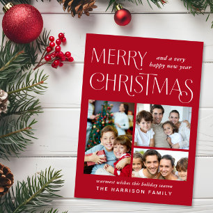Merry Christmas 3 Photo Red Holiday Card