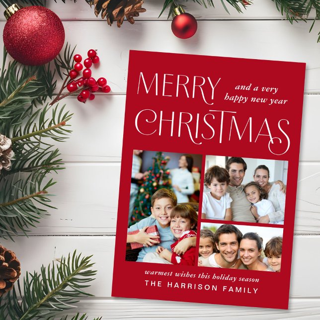 Merry Christmas 3 Photo Red Holiday Card (This holiday season, let your family's smiles and heartwarming memories shine on our 3 photo card)