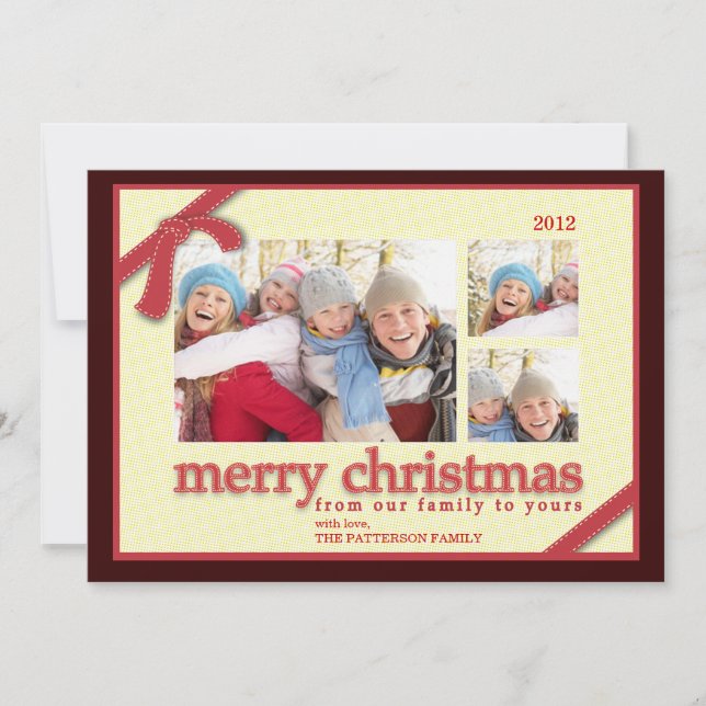 Merry Christmas 3 Photo Red Ribbon Holiday Card (Front)