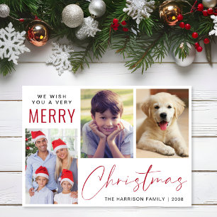 Merry Christmas 3 Photo Red Script Holiday Card