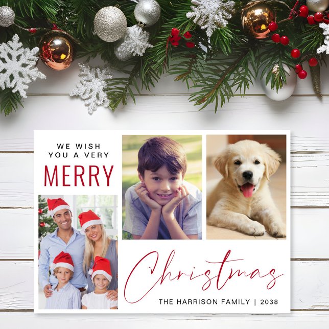 Merry Christmas 3 Photo Red Script Holiday Card (This holiday season, let your family's smiles and heartwarming memories shine on our 3 photo card)