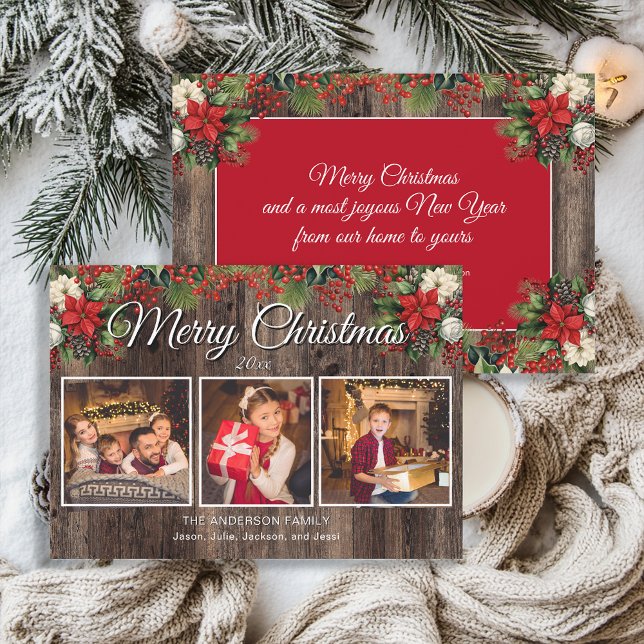 Merry Christmas 3 Photo Rustic Wood Holly Berries Card (Rustic wood, holly and berries 3 photo Christmas greeting card)
