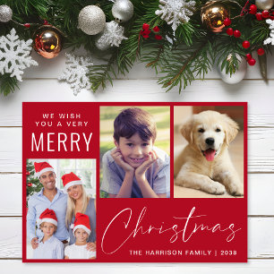 Merry Christmas 3 Photo Script Red Holiday Card