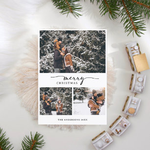 Merry Christmas 3 Photos Collage Modern Script Holiday Postcard