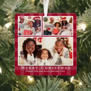 merry christmas 3 photos collage red buffalo plaid metal tree decoration