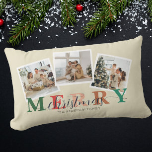 Merry Christmas 3 Photos Custom Family Name Lumbar Cushion