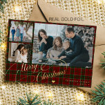 Merry Christmas 3 photos elegant script red plaid<br><div class="desc">Elegant stylish Merry Christmas real gold foil classic calligraphy script three family photo collage red green plaid tartan rustic luxury holiday card with your custom personalised text on both sides.        The foil colour is changeable - you can choose gold,  silver,  or rose gold.</div>