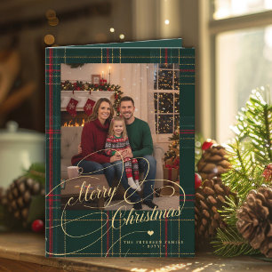 Merry Christmas 3 photos plaid tartan Christmas Holiday Card