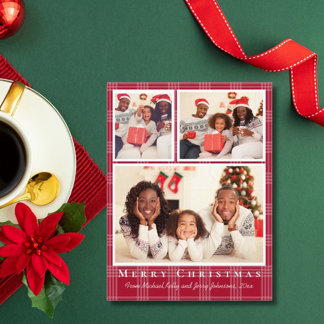 merry christmas 3 photos red buffalo plaid holiday postcard (Creator Uploaded)