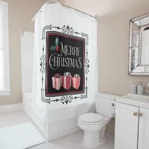 Merry Christmas 3 Red Packages Art Deco Frame Shower Curtain