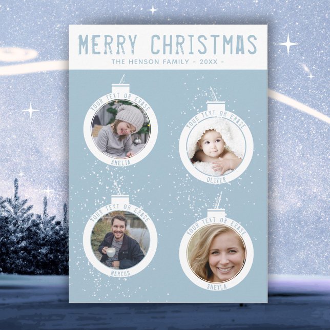 Merry Christmas 4 Balls Blue Family Photo Collage Holiday Card (Creator Uploaded)