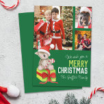 Merry Christmas 4 photo bear gift box green Holiday Card<br><div class="desc">We wish you a Very Merry Christmas personalised name and four of your own photos Christmas holiday card in red and dark green. Personalise with your own family name. Koala bear with a candy cane and Santa hat on sitting on a gift box watercolor art and card design by Sarah...</div>