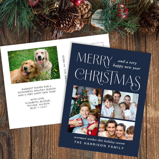 Merry Christmas 4 Photo Blue Holiday Postcard (Creator Uploaded)