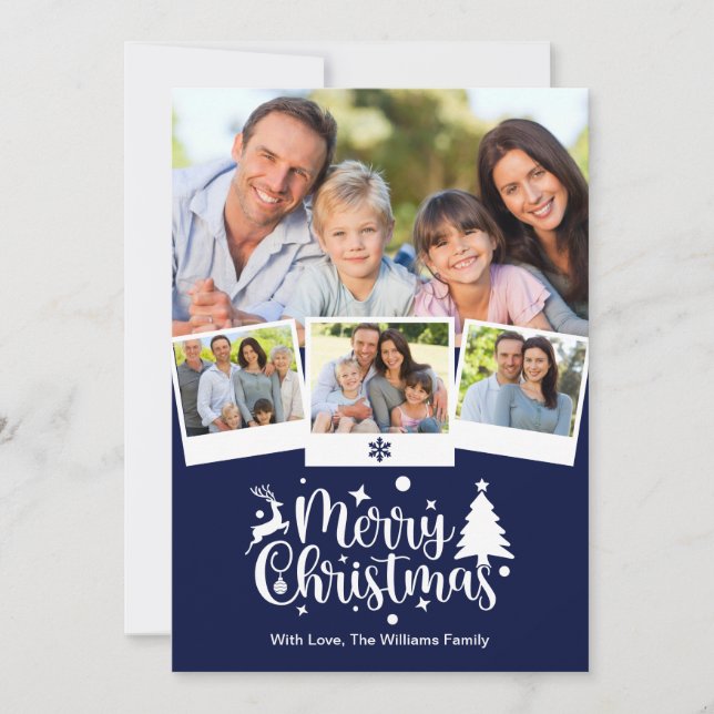 Merry Christmas 4 Photo Christmas Navy Blue   Holiday Card (Front)