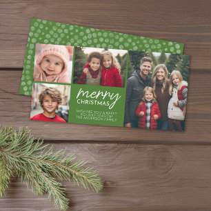 Merry Christmas 4 photo collage - can edit green Holiday Card
