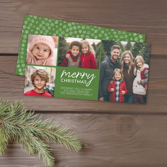 Merry Christmas 4 photo collage - can edit green Holiday Card (4 Photo online Christmas Card, modern design, boho dot pattern, green)