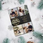 Merry Christmas 4 Photo Collage Chalkboard Gold<br><div class="desc">A stylish real gold foil 4 photo collage holiday design for you to personalize with your favorite photos,  message,  names and year on a chalkboard background. The reverse features falling snowflakes on a matching chalkboard background. Designed by Thisisnotme©</div>